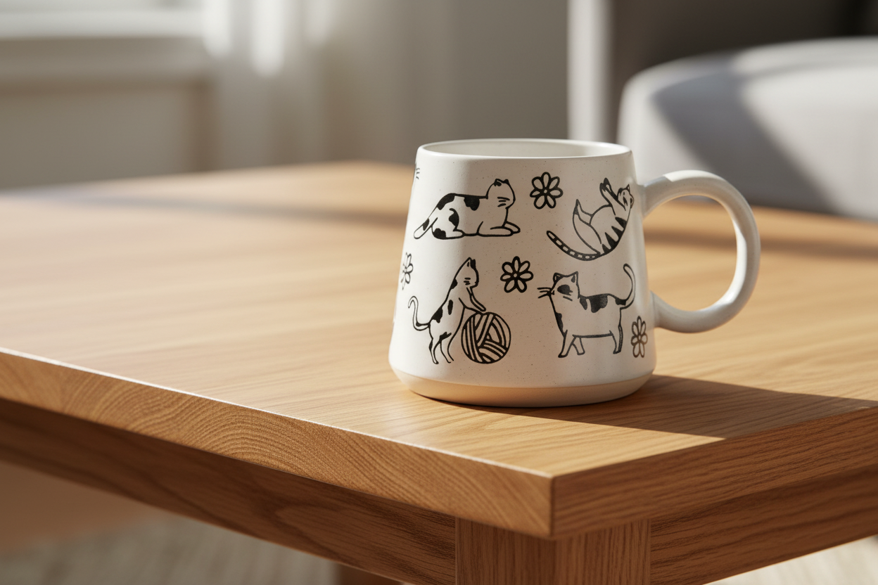 Oversized Mug with Cat Drawings