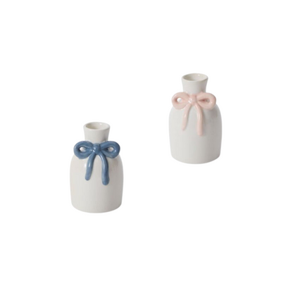 Blue or Pink Bow White Bud Vase